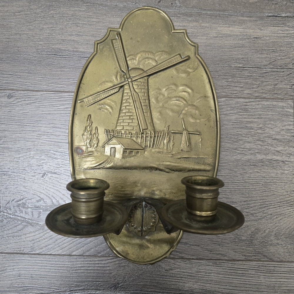 Vintage Pressed Brass Wall Decor With 2 Candle Holders Dutch Windmill Scenery